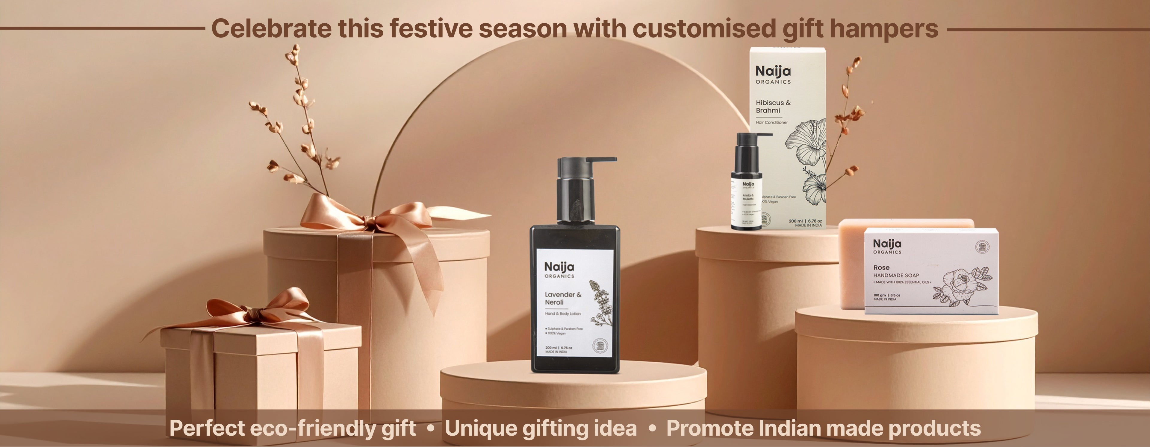 Eco-friendly gift hampers with Naeso products on a beige background